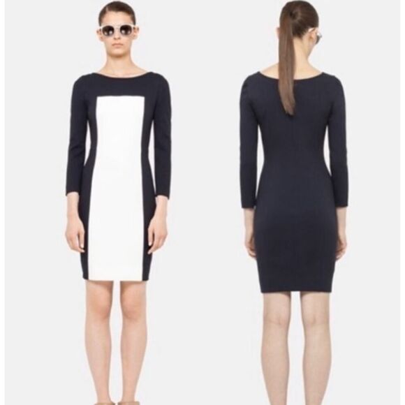 Akris Punto Sheath Mini Dress Women's Size 4 Navy White Colorblock 3/4 Sleeves - Picture 1 of 9